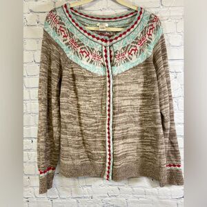 Sundance Tan Cream Fair Isle Preppy Wool Cashmere Blend Cardigan Sweater M